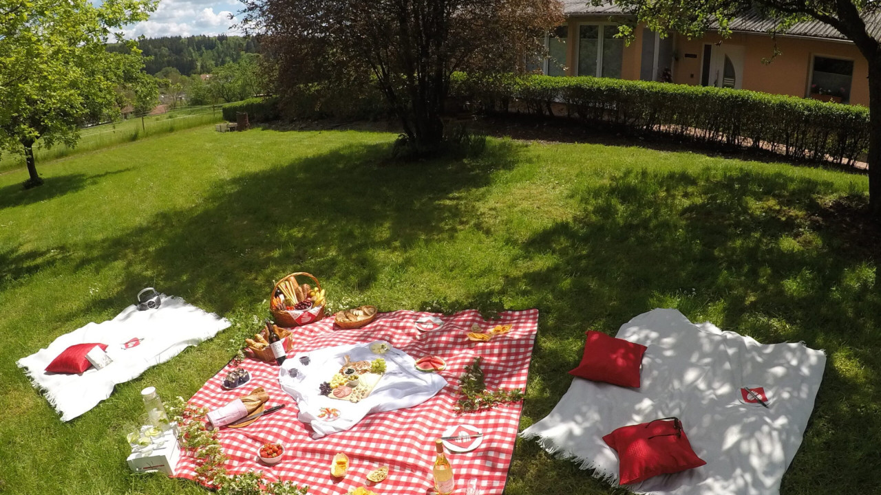 Grundstück nebenan mit Picknickdecke und Essen