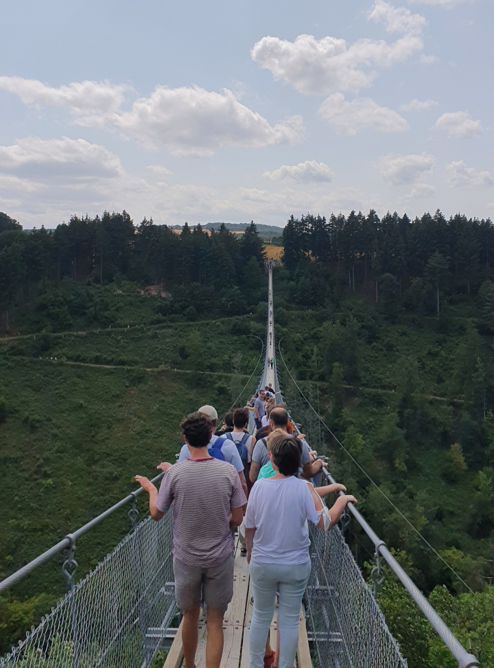 Geierlay Brücke in Mörsdorf im Hunsrück Ausblick mit Personen auf der Brücke